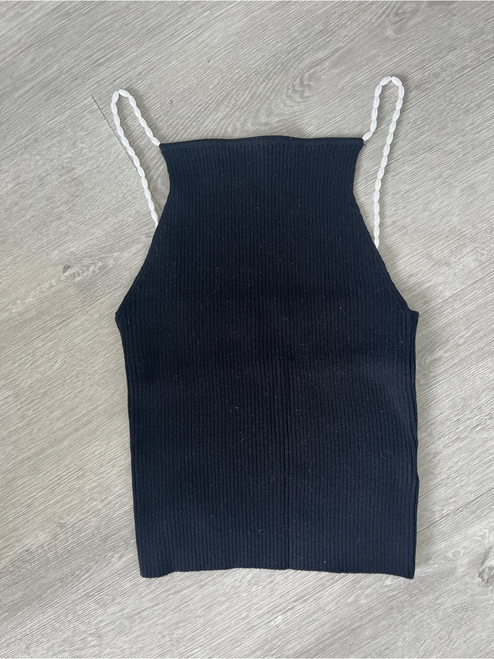 Musier Paris Black Ribbed Halter Crop Top with White Beaded Straps